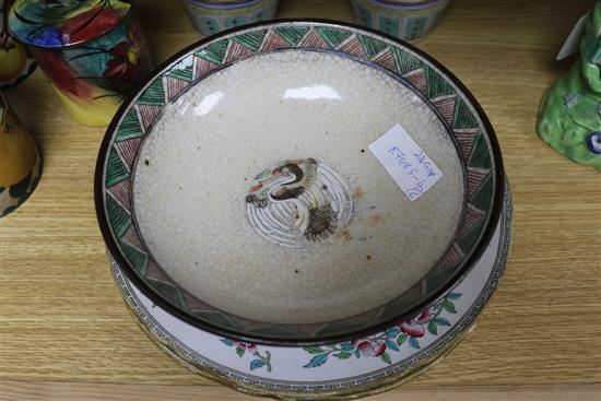 A Chinese crackle glaze bowl and jar, a pair of famille rose vases and two stone china plates